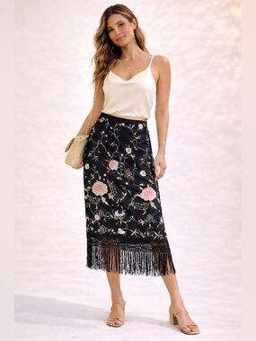 Vintage Embroidered Fringe Midi Skirt Statement Floral Column Size 2